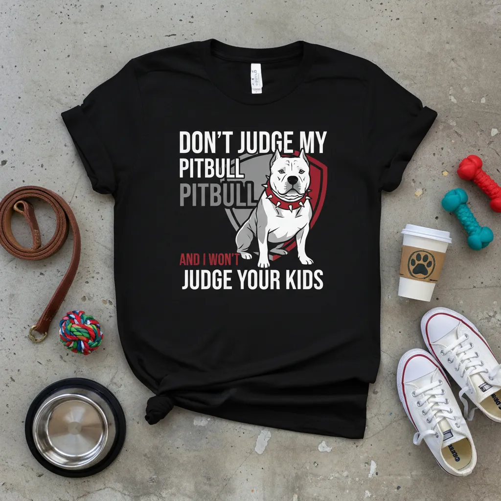 Don't Judge My Pitbull Pitbull And I Won't Judge Your Kids quote on a black t-shirt with a Pitbull graphic