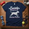 Easialy Distracted by American Pit Corso text with a running dog graphic on a navy t-shirt