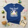 Egg Hunt Squad t-shirt design with a white bunny, colorful Easter eggs, tulips, and butterflies