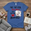 Pitbull t-shirt design with text "First They Steal Your Heart Then They Steal Your Bed" and a sleeping pitbull graphic