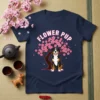 Flower Pup T-Shirt featuring a tri-color dog sitting under a blooming pink cherry blossom tree