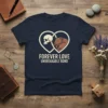 Forever Love Unbreakable Bond t-shirt design with skull and sleeping dog within intertwined hearts graphic