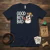 Good Boy Bad text with a pitbull wearing a crown and a shield graphic on a navy t-shirt