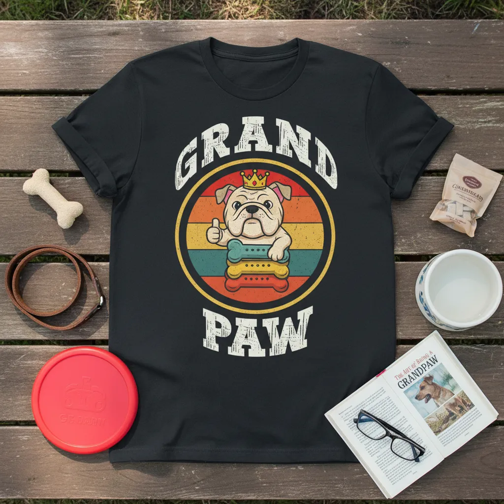 Grand Paw t-shirt with vintage bulldog graphic and retro stripes, perfect for dog grandfathers