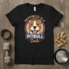 Happiness Is A Pitbull Smile quote and graphic of a happy pitbull face on a black t-shirt