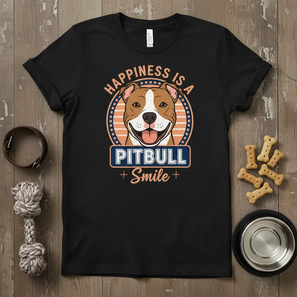 Happiness Is A Pitbull Smile quote with a happy pitbull graphic on a black t-shirt