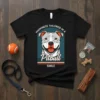 Black t-shirt featuring a smiling Pitbull portrait with "Happiness Tailored in a Pitbull Smile" text