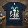 Happy Easter Skeleton Dog Tee with a skeleton wearing bunny ears holding a puppy in an Easter egg