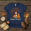 Happy Fall Y'all T-Shirt with a pitbull, pumpkins, and autumn tree