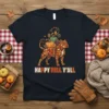 Happy Fall Y'All t-shirt with a pitbull dog design covered in autumn leaves, pumpkins, and acorns