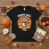 Happy Fall Y'All Pitbull dog wearing a beanie and scarf holding pumpkins, with bats and stars on a black t-shirt
