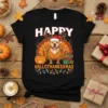 Pitbull wearing Santa hat and reindeer antlers, dressed as a turkey for Happy Hallothanksxmas holiday shirt
