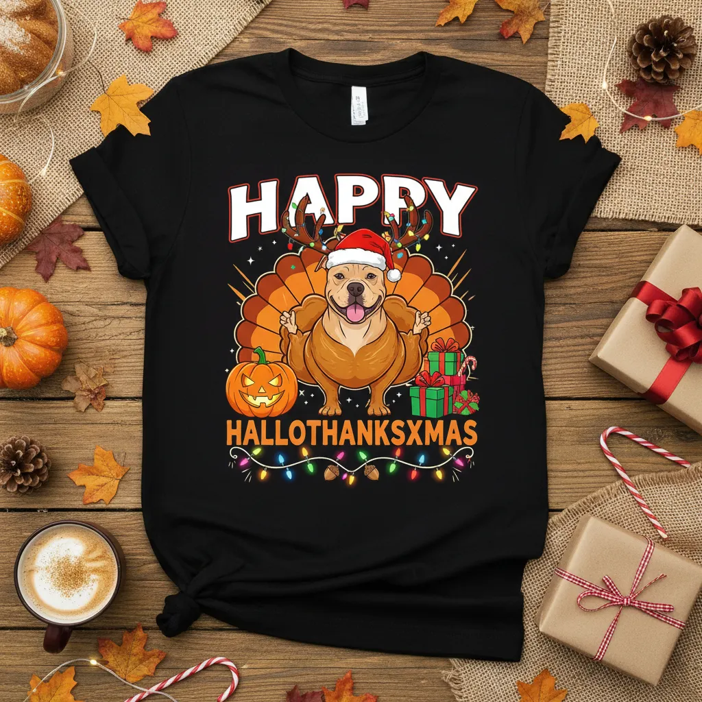 Happy Hallothanksxmas Dog Thanksgiving Christmas Tee