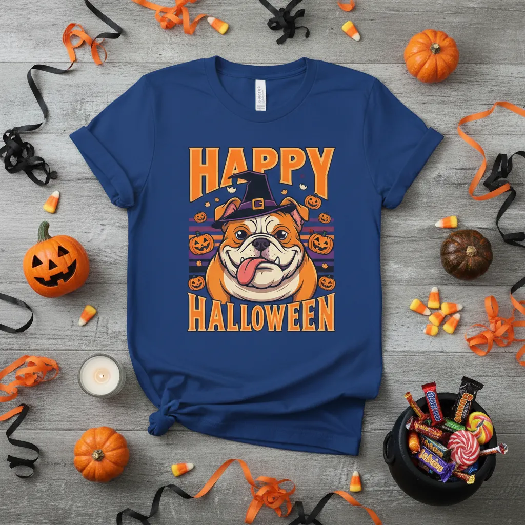 Happy Halloween Bulldog Witch Hat T-Shirt Spooky Dog Lover Gift