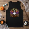 Happy Halloween text with a dog wearing a witch hat and pumpkins, graphic tank top design