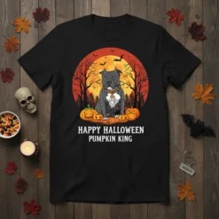 Happy Halloween Pumpkin King t-shirt design featuring a pitbull dog sitting among pumpkins with a full moon and spooky trees