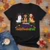 Happy Haplo HalloThanksMas text with three dogs dressed for Halloween, Thanksgiving, and Christmas on a black t-shirt