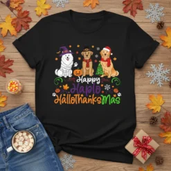 Happy Haplo HalloThanksMas text with three dogs dressed for Halloween, Thanksgiving, and Christmas on a black t-shirt