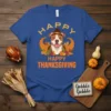 Happy Happy Thanksgiving t-shirt with a pitbull wearing a pilgrim hat surrounded by pumpkins and corn
