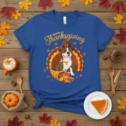 Happy Thanksgiving Dog T-Shirt with a pitbull dressed as a turkey, wearing a pilgrim hat and holding a bone