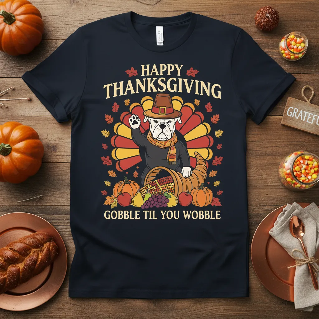 Happy Thanksgiving Gobble Til You Wobble Bulldog Tee