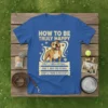 Blue t-shirt design with "HOW TO BE TRULY HAPPY" text, a smiling pitbull, and steps for happiness