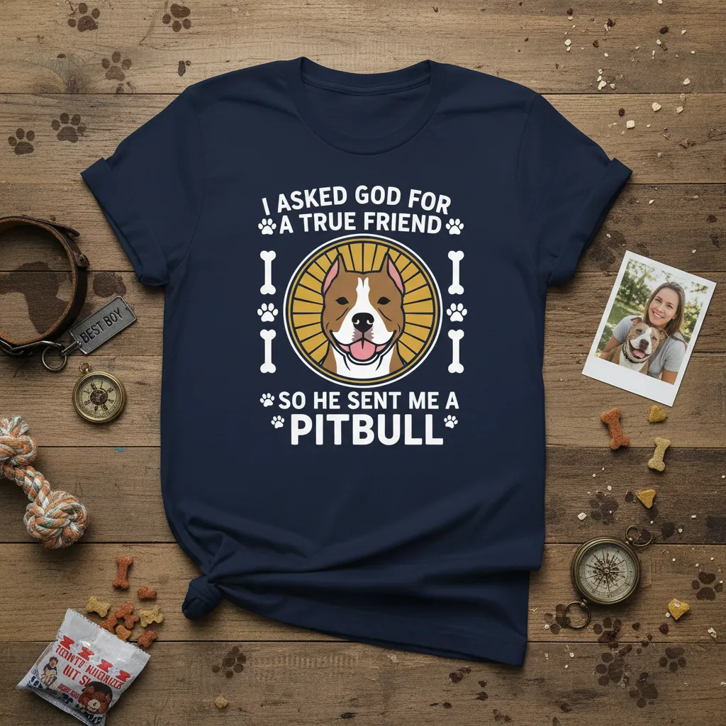 I Asked God For A True Friend So He Sent Me A Pitbull quote with dog graphics on navy tee