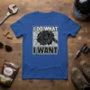 I Do What I Want slogan with a fierce black panther design breaking through cracked wall, printed on a blue