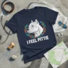 Navy t-shirt with white text "I Feel Pittie" above a stylized pitbull head in a colorful wreath
