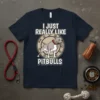 I Just Really Like Pitbulls t-shirt design featuring a cute pitbull graphic and bold text