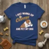 I Just Wanna Sip Coffee and Pet My Dog t-shirt featuring a pitbull drinking coffee and a paw print on