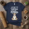 Navy blue t-shirt featuring text "I JUST WANT TO DO Yoga & PET MY PITBULL" above a pitbull meditating