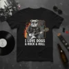 I LOVE DOGS & ROCK & ROLL text with a bulldog playing guitar, amp, and flames graphic
