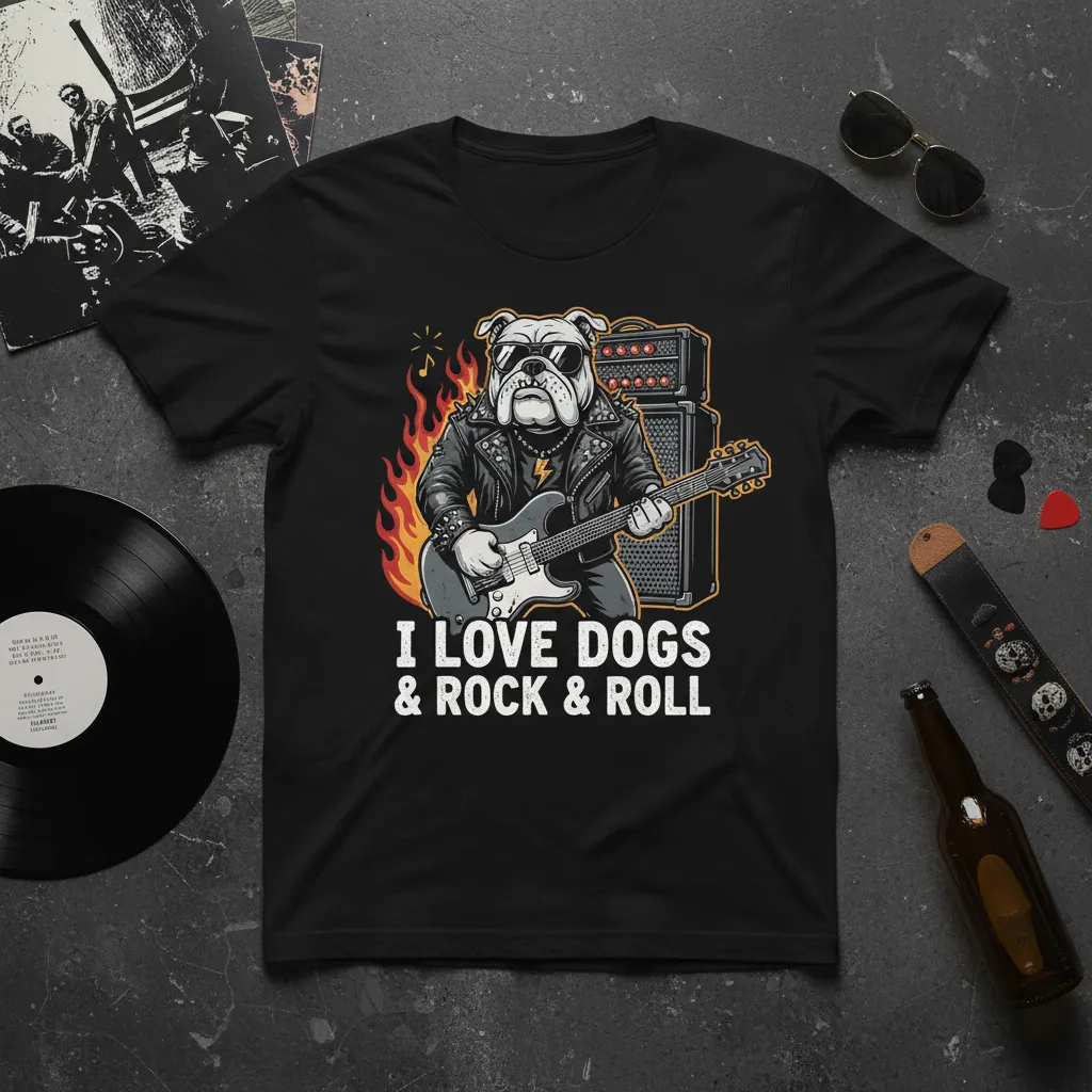 I Love Dogs & Rock & Roll Bulldog Guitar T-Shirt
