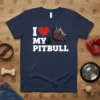 Navy blue t-shirt with "I Love My Pitbull" text and a stylized pitbull head graphic