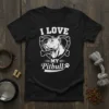 Black t-shirt with white text "I LOVE MY Pitbull" design featuring a pitbull head inside a heart shape with bones
