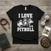 I Love My Pitbull T-Shirt with a graphic of a pitbull head, heart with paw prints, and a bone