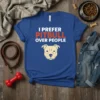 I Prefer Pitbull Over People text with pitbull face graphic on a royal blue t-shirt
