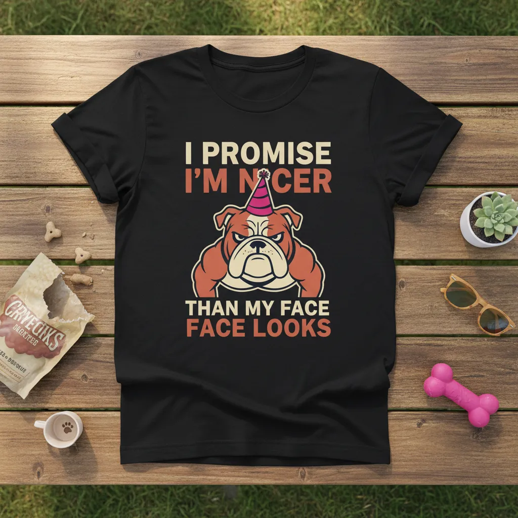 Funny bulldog quote I Promise I'm Nicer Than My Face Looks t-shirt with cartoon character graphic