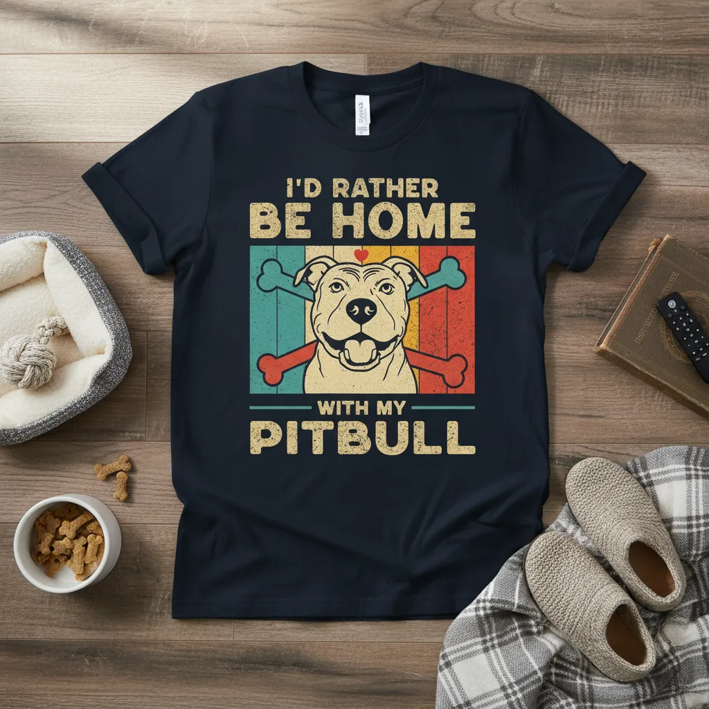 I'd Rather Be Home With My Pitbull quote t-shirt design with vintage pitbull illustration and striped background