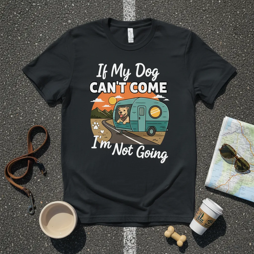 If My Dog CAN'T COME I'm Not Going humorous quote with a dog in a camper graphic on a t-shirt