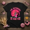 In October We Wear Pink t-shirt with a dog in a witch hat and pink ribbon for breast cancer awareness