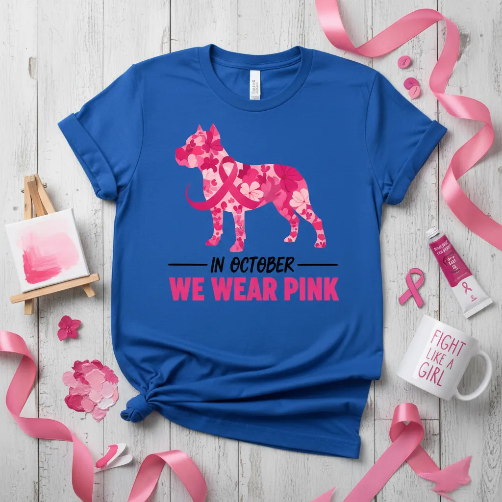 Pitbull silhouette adorned with pink flowers and a breast cancer ribbon, bearing the 'In October We Wear Pink' slogan