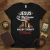 Jesus Is My Savior Are My Therapy Pitbull T-Shirt design with a cross, two pitbull dogs, and impactful typography