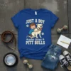 T-shirt with "JUST A BOY who loves PITT BULLS" text featuring a boy hugging a white pit bull, paw prints
