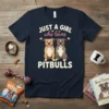 Just A Girl Who Loves Pitbulls text with cute illustration of two Pitbull dogs on a navy blue t-shirt