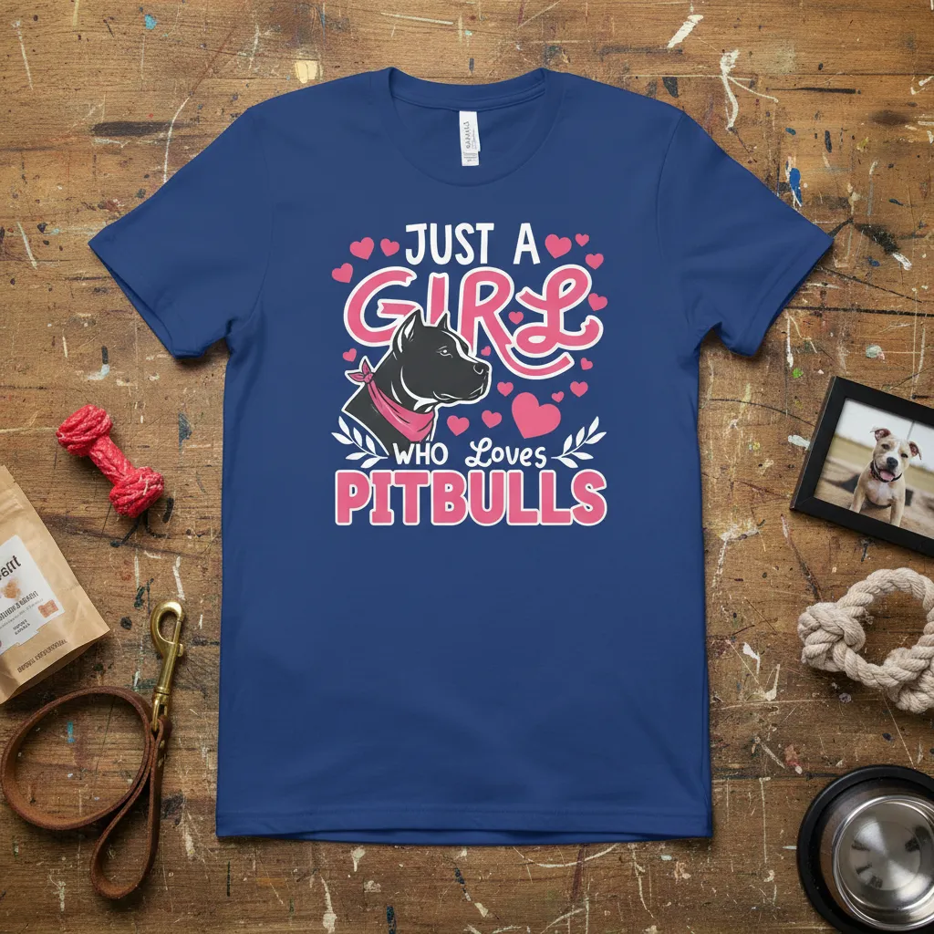 Just A Girl Who Loves Pitbulls text with a cute pitbull graphic, hearts, and floral accents on a navy blue t-shirt