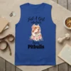 Just A Girl who loves Pitbulls text with a watercolor Pitbull dog portrait and floral accents on a blue tank