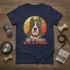 Navy t-shirt featuring a stylized pitbull portrait with the text "life is better WITH A PITBULL" below, set against a