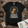 Loyalty Companion Strength text with a pitbull head in a circle surrounded by butterflies on a black t-shirt